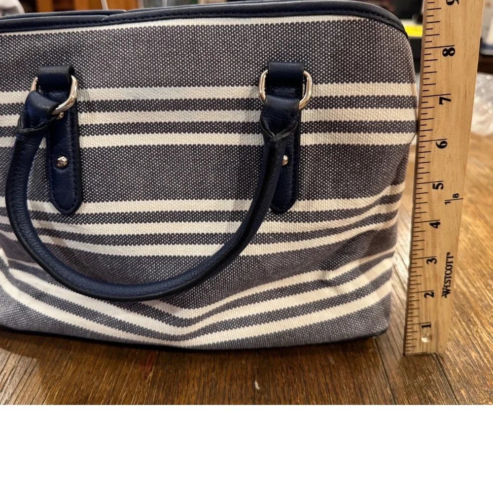 Kate Spade New York Navy White Striped Canvas Satchel Handbag Leather Trim